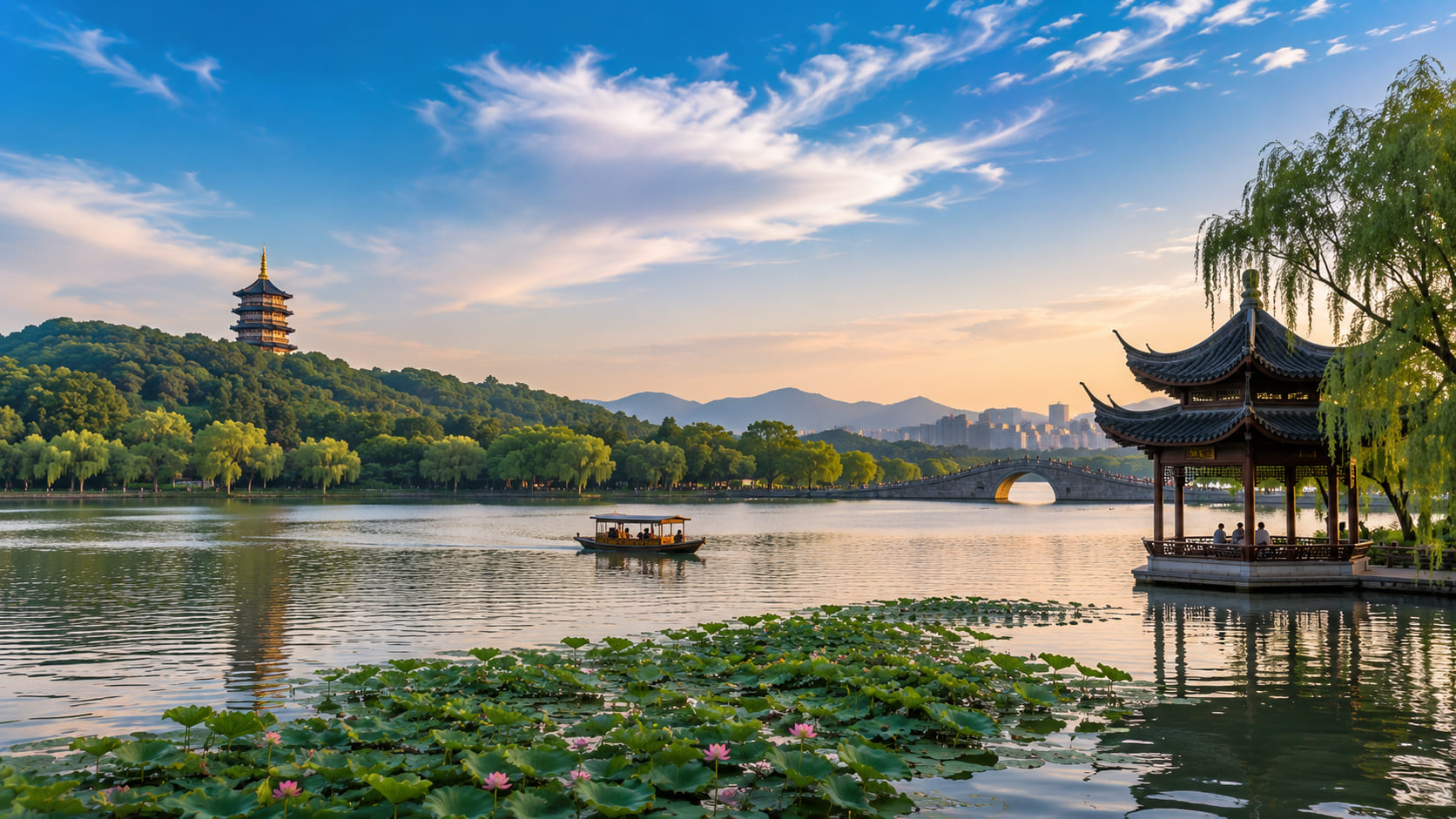 West Lake in Hangzhou, Zhejiang Province, China at sunset