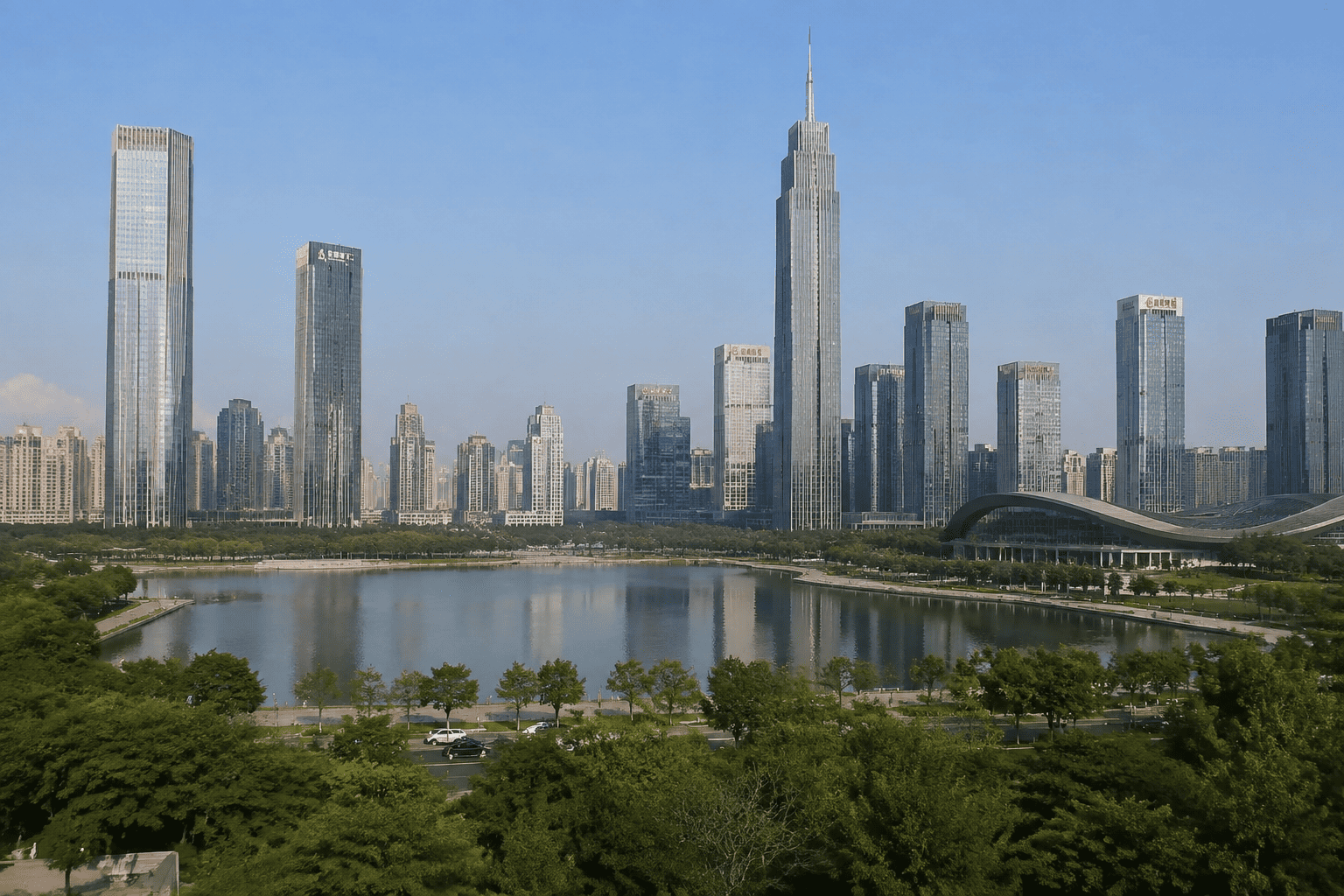 Hefei CBD skyline with modern office buildings and lake view in Anhui China